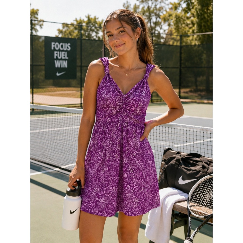 Athleta Santorini Dress Purple Paisley Floral Active Tennis Mini Dress 6 553303